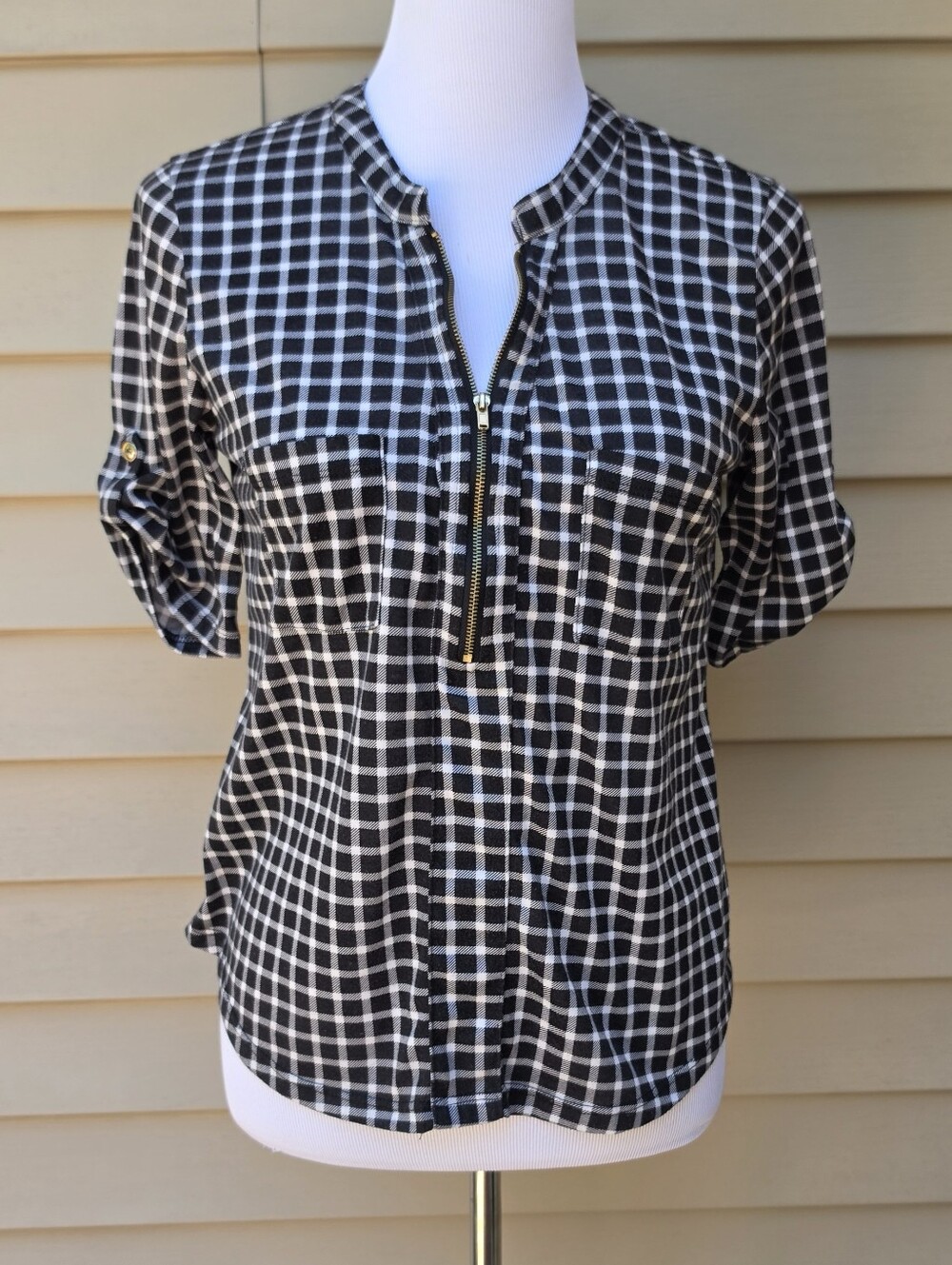 Always Indigo Black Windowpane Checkered Blouse Zip-Up Neck Elbow Sleeves